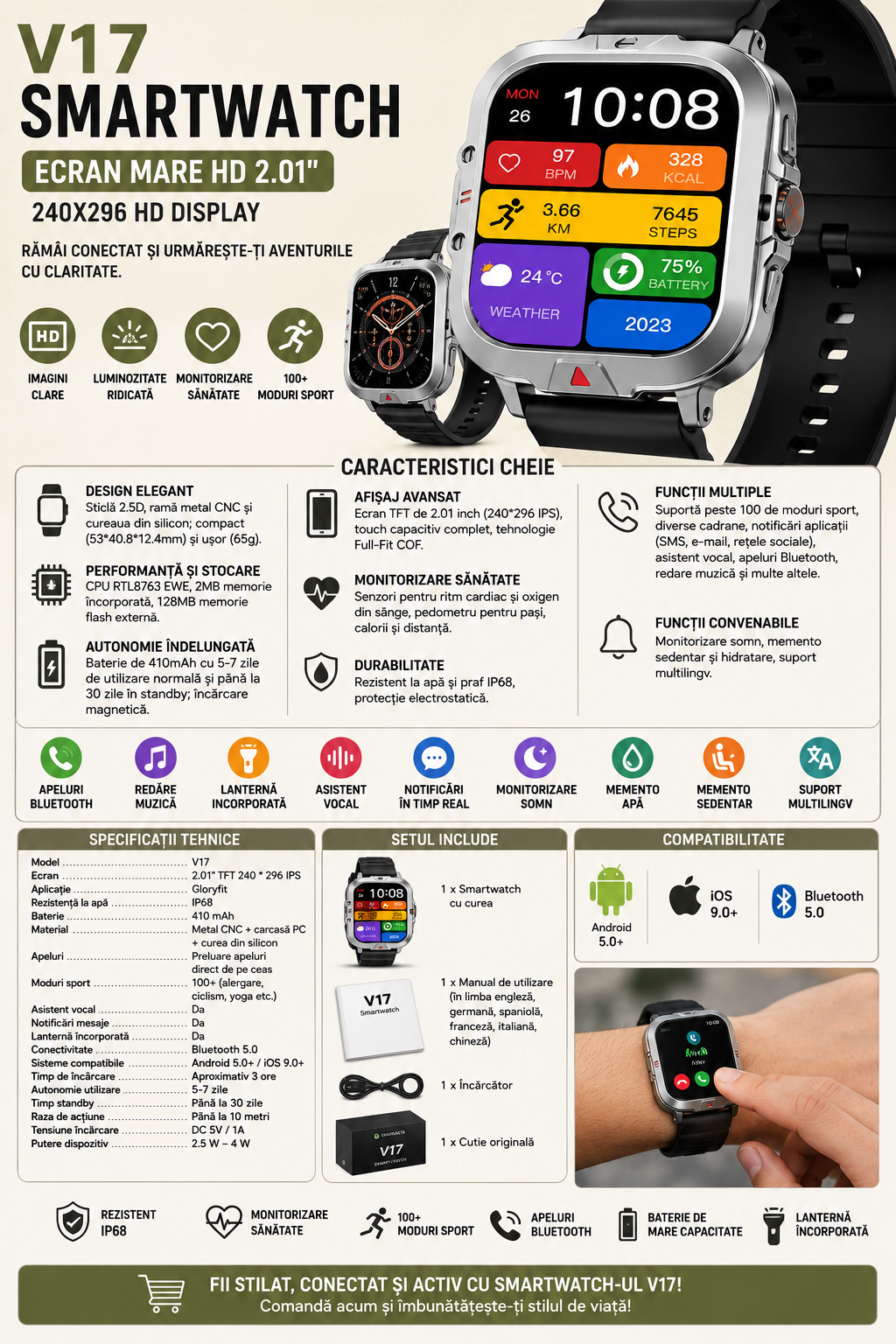 Smartwatch V17 cu Apeluri Bluetooth, Lanternă și 100+ Moduri Sport
