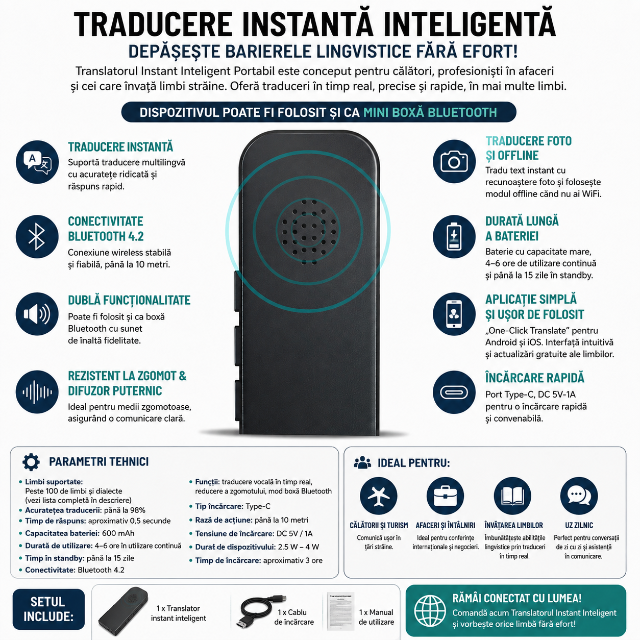 Traducător Vocal Instant Portabil – 137 de Limbi