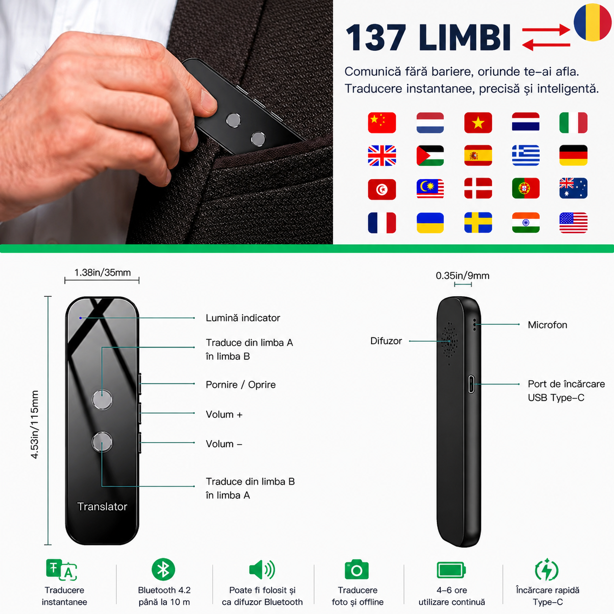 Traducător Vocal Instant Portabil – 137 de Limbi