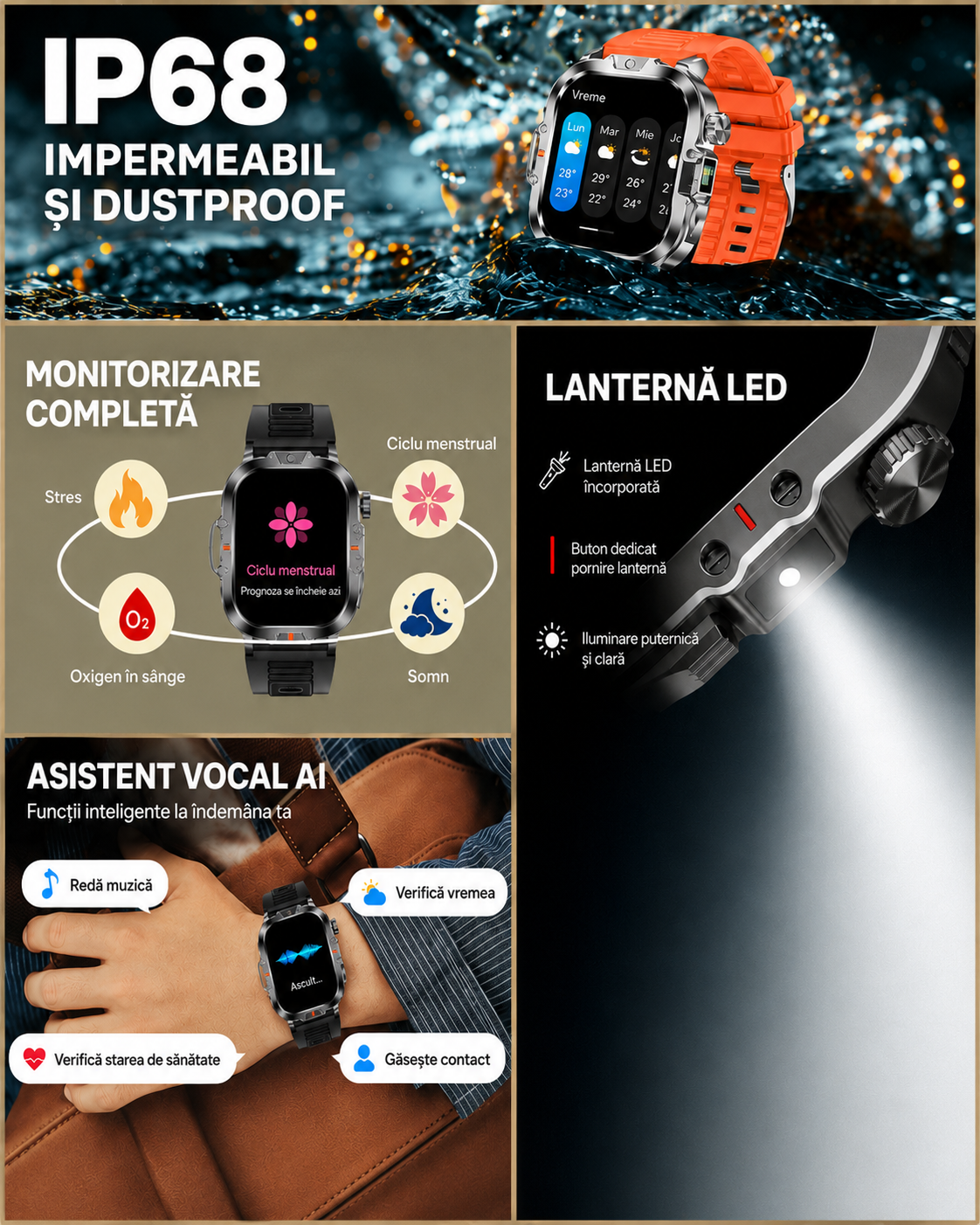 Smartwatch V17 cu Apeluri Bluetooth, Lanternă și 100+ Moduri Sport