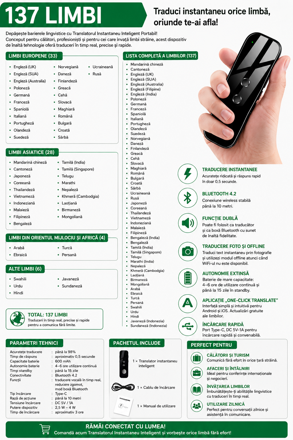 Traducător Vocal Instant Portabil – 137 de Limbi