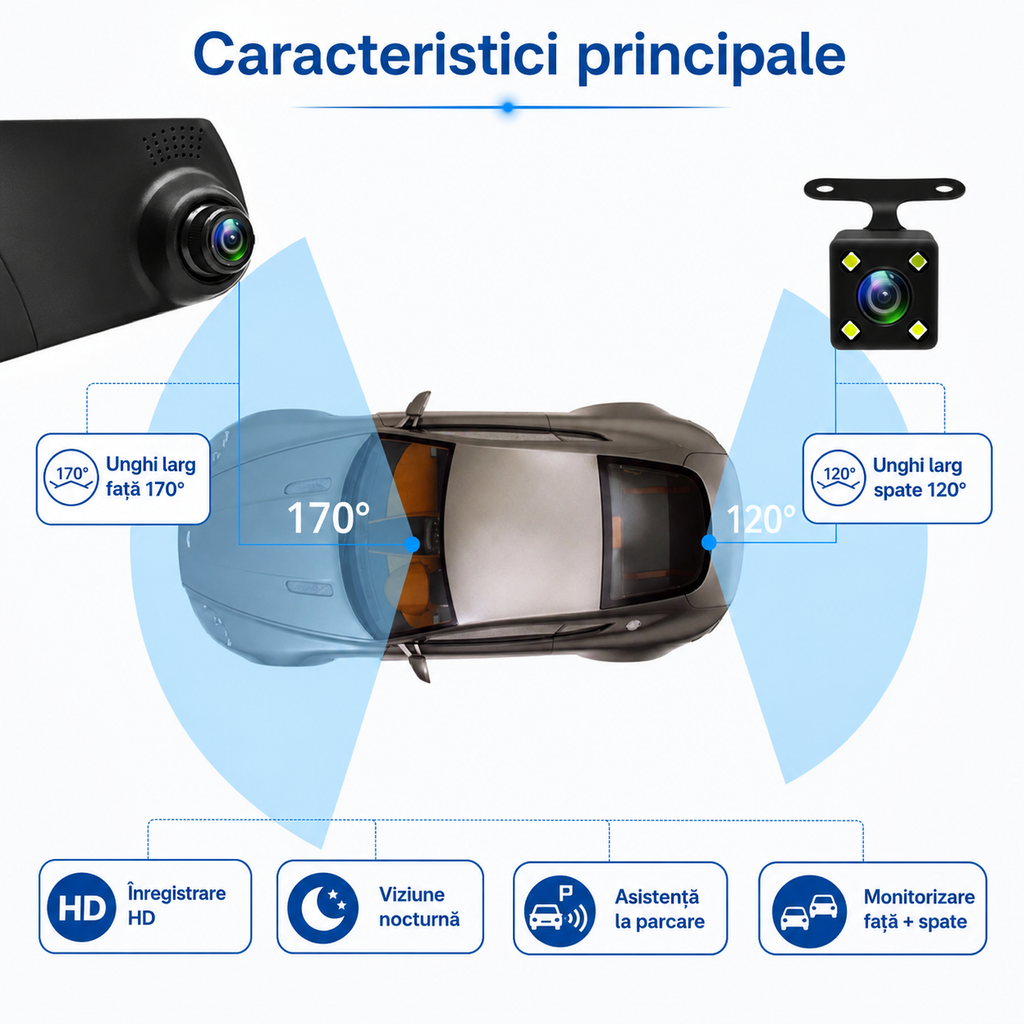 Oglindă Auto DVR Full HD cu Cameră Frontală și Cameră de Marșarier