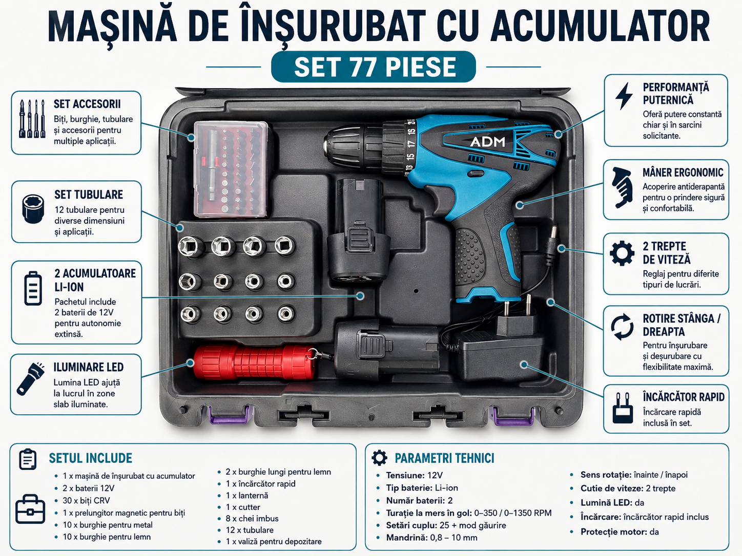 Mașină de Înșurubat 14,4V cu 2 Acumulatori – Set 77 Piese